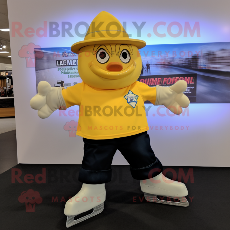 Gold Pair Of Ice Skates mascot costume character dressed with a V-Neck Tee and Hat pins Gold Pair Of Ice Skates mascot costume character dressed with a V-Neck Tee and Hat pins
