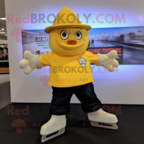 Gold Pair Of Ice Skates mascot costume character dressed with a V-Neck Tee and Hat pins