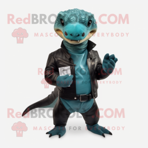 Teal Komodo Dragon mascot costume character dressed with a Leather Jacket and Wallets