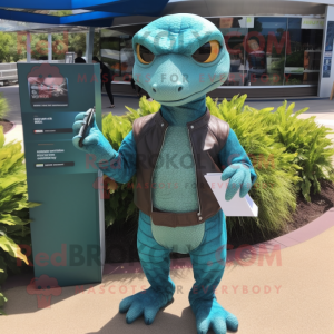 Teal Komodo Dragon mascot costume character dressed with a Leather Jacket and Wallets