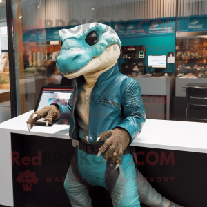 Teal Komodo Dragon mascot costume character dressed with a Leather Jacket and Wallets
