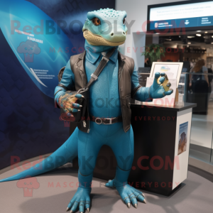 Teal Komodo Dragon mascot costume character dressed with a Leather Jacket and Wallets