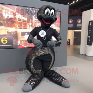 Black Snake mascot costume character dressed with a Skirt and Smartwatches