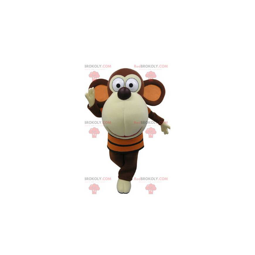Mascote macaco marrom e branco com uma cabeça grande -
