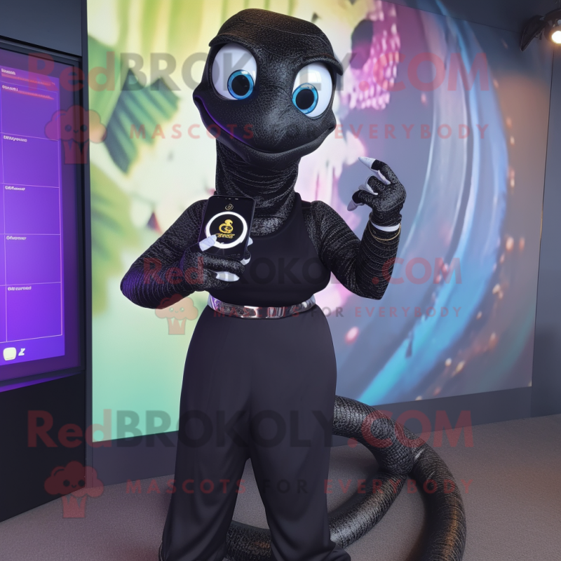 Black Snake mascot costume character dressed with a Skirt and Smartwatches