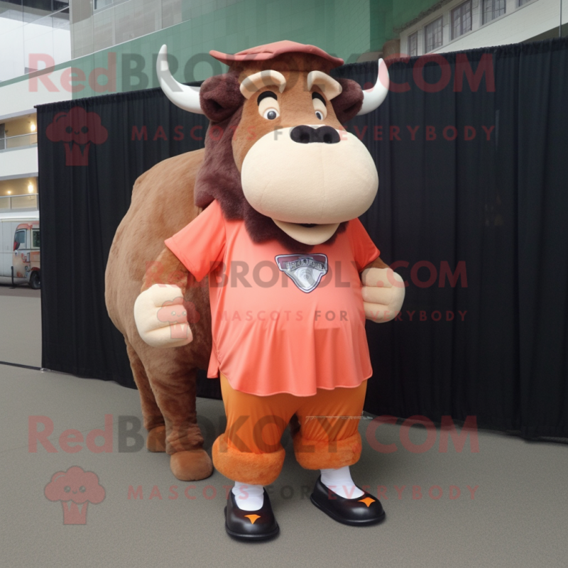 Peach Buffalo mascot costume character dressed with a Long Sleeve Tee and Shoe clips Peach Buffalo mascot costume character dressed with a Long Sleeve Tee and Shoe clips