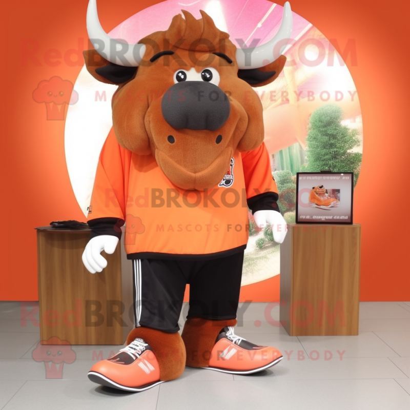 Peach Buffalo mascot costume character dressed with a Long Sleeve Tee and Shoe clips Peach Buffalo mascot costume character dressed with a Long Sleeve Tee and Shoe clips