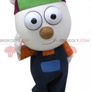 Polar bear mascot dressed in overalls with a cap -