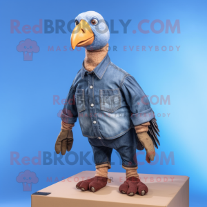 Brown Guinea Fowl mascot costume character dressed with a Denim Shirt and Foot pads