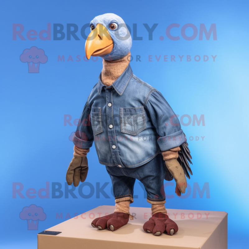 Brown Guinea Fowl mascot costume character dressed with a Denim Shirt and Foot pads