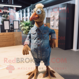 Brown Guinea Fowl mascot costume character dressed with a Denim Shirt and Foot pads
