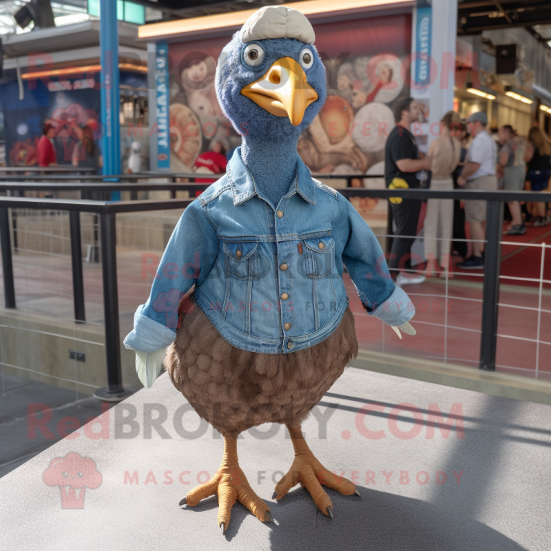 Brown Guinea Fowl mascot costume character dressed with a Denim Shirt and Foot pads