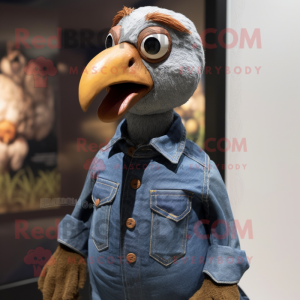 Brown Guinea Fowl mascot costume character dressed with a Denim Shirt and Foot pads