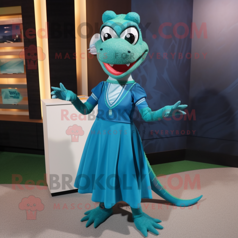 Teal Lizard mascot costume character dressed with a Pleated Skirt and Lapel pins