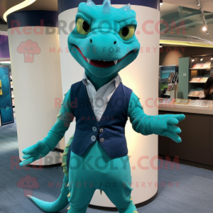 Teal Lizard mascot costume character dressed with a Pleated Skirt and Lapel pins
