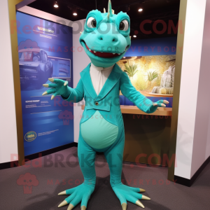 Teal Lizard mascot costume character dressed with a Pleated Skirt and Lapel pins