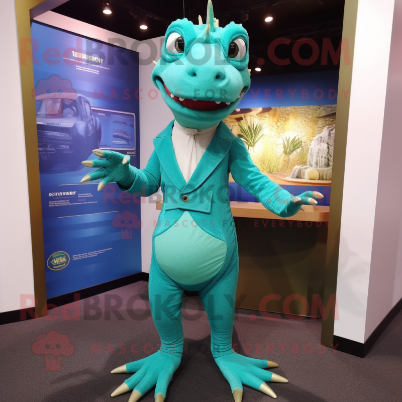 Teal Lizard mascot costume character dressed with a Pleated Skirt and Lapel pins Teal Lizard mascot costume character dressed with a Pleated Skirt and Lapel pins