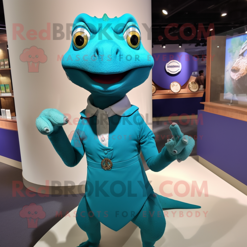 Teal Lizard mascot costume character dressed with a Pleated Skirt and Lapel pins Teal Lizard mascot costume character dressed with a Pleated Skirt and Lapel pins
