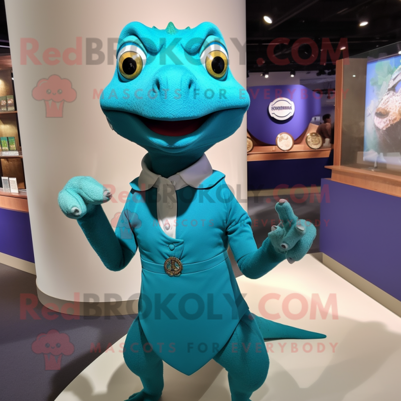 Teal Lizard mascot costume character dressed with a Pleated Skirt and Lapel pins