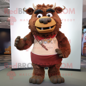 Rust Woolly Rhinoceros mascot costume character dressed with a Blouse and Belts