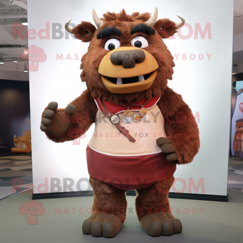 Rust Woolly Rhinoceros mascot costume character dressed with a Blouse and Belts Rust Woolly Rhinoceros mascot costume character dressed with a Blouse and Belts
