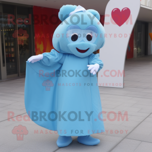 Sky Blue Love Letter mascot costume character dressed with a Maxi Dress and Mittens