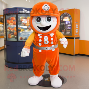 Orange Gumball Machine mascot costume character dressed with a T-Shirt and Belts