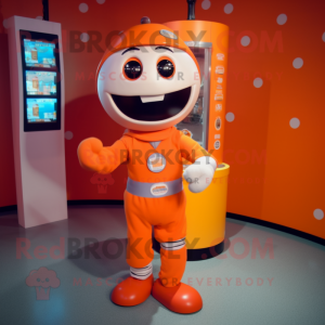 Orange Gumball Machine mascot costume character dressed with a T-Shirt and Belts