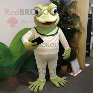 Cream Frog mascot costume character dressed with a Playsuit and Wallets