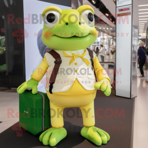 Cream Frog mascot costume character dressed with a Playsuit and Wallets