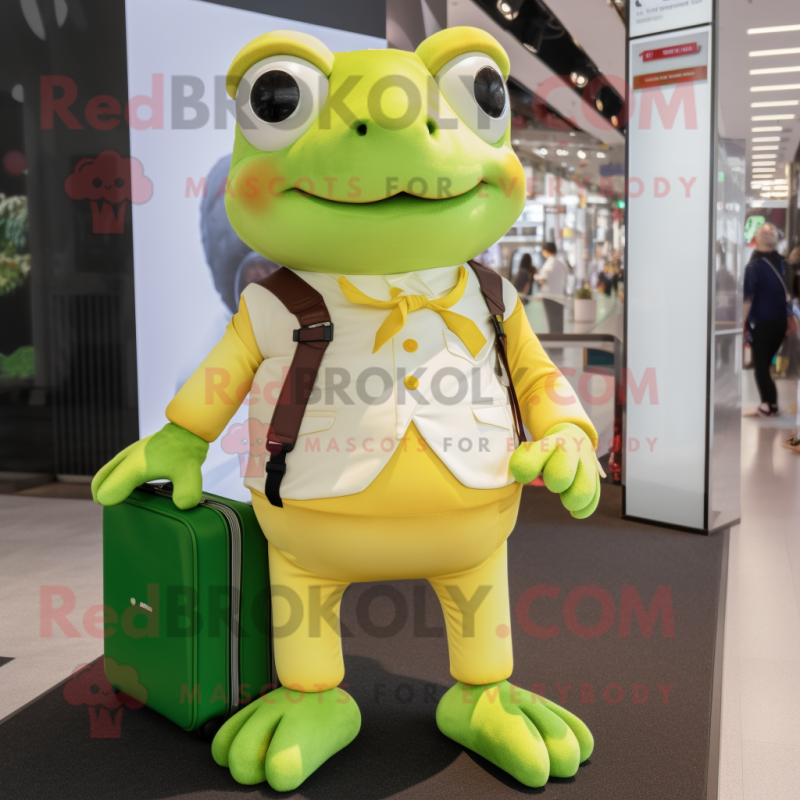 Cream Frog mascot costume character dressed with a Playsuit and Wallets