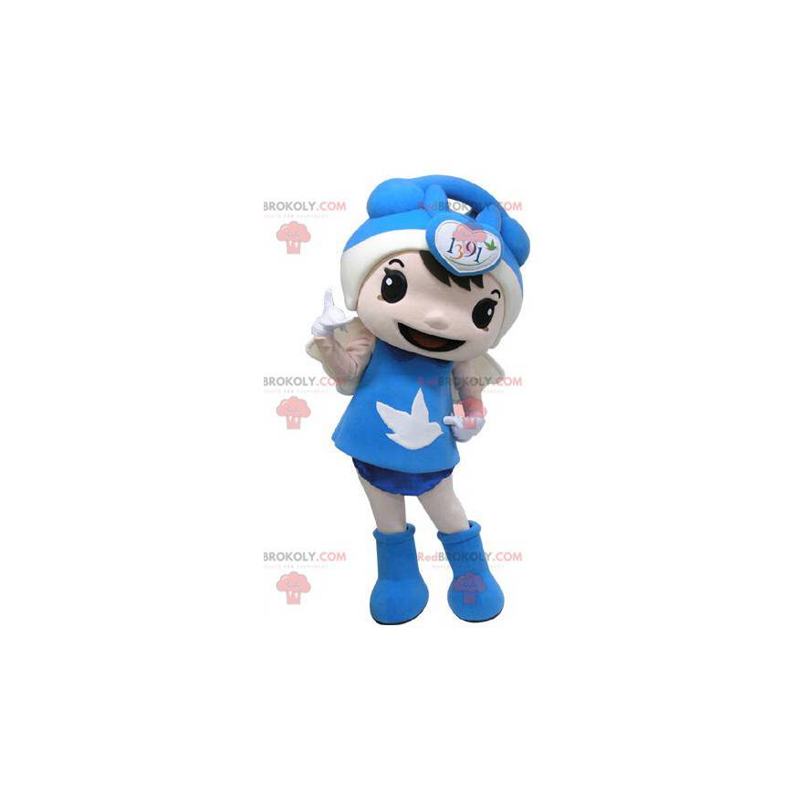 Menina mascote vestida de azul com asas - Redbrokoly.com