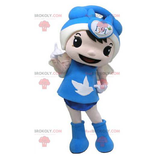 Menina mascote vestida de azul com asas - Redbrokoly.com