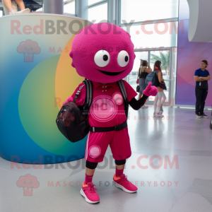 Magenta Soccer Ball mascot costume character dressed with a Jeggings and Backpacks