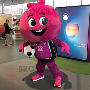 Magenta Soccer Ball mascot costume character dressed with a Jeggings and Backpacks