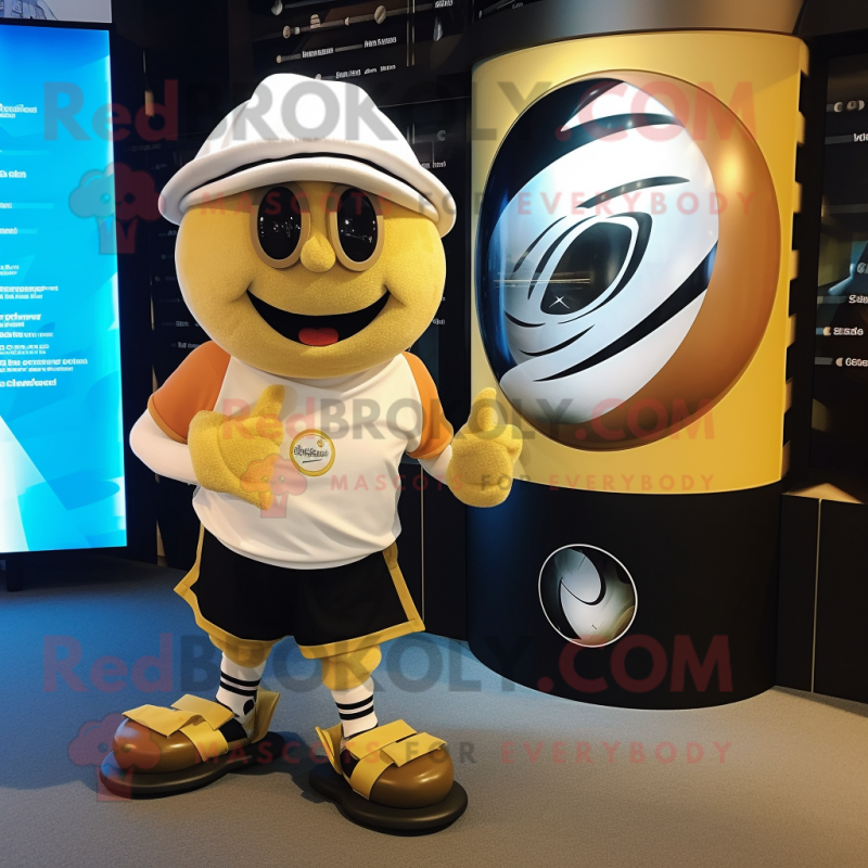 Gold Hourglass mascot costume character dressed with a Rugby Shirt and Beanies