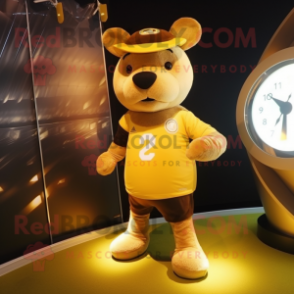 Gold Hourglass mascot costume character dressed with a Rugby Shirt and Beanies