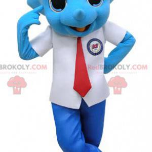Maskotka niebieski nosorożec ubrany w garnitur i krawat -