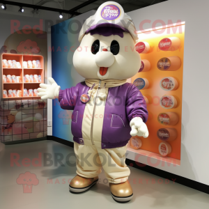Cream Plum mascot costume character dressed with a Bomber Jacket and Beanies