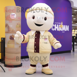 Cream Plum mascot costume character dressed with a Bomber Jacket and Beanies