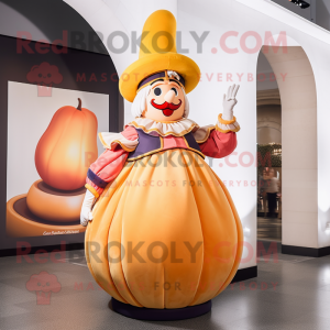 Peach Swiss Guard mascot costume character dressed with a Ball Gown and Berets