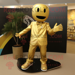 Gold Skateboard mascot costume character dressed with a Suit Pants and Tie pins