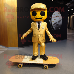 Gold Skateboard mascot costume character dressed with a Suit Pants and Tie pins