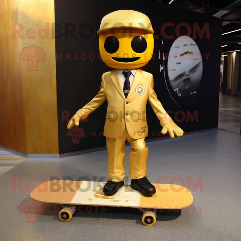 Gold Skateboard mascot costume character dressed with a Suit Pants and Tie pins Gold Skateboard mascot costume character dressed with a Suit Pants and Tie pins