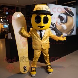 Gold Skateboard mascot costume character dressed with a Suit Pants and Tie pins