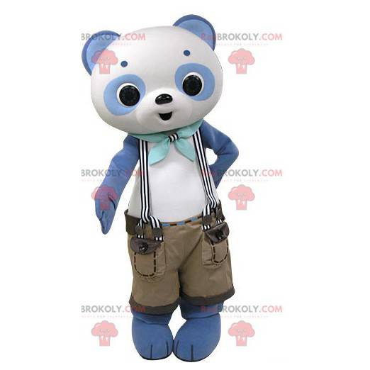 Mascotte panda blu e bianco con pantaloncini bretelle -