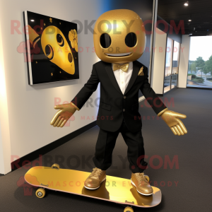 Gold Skateboard mascot costume character dressed with a Suit Pants and Tie pins