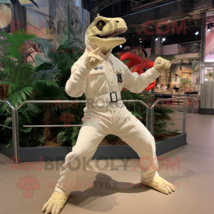 Cream Allosaurus mascot costume character dressed with a Playsuit and Belts