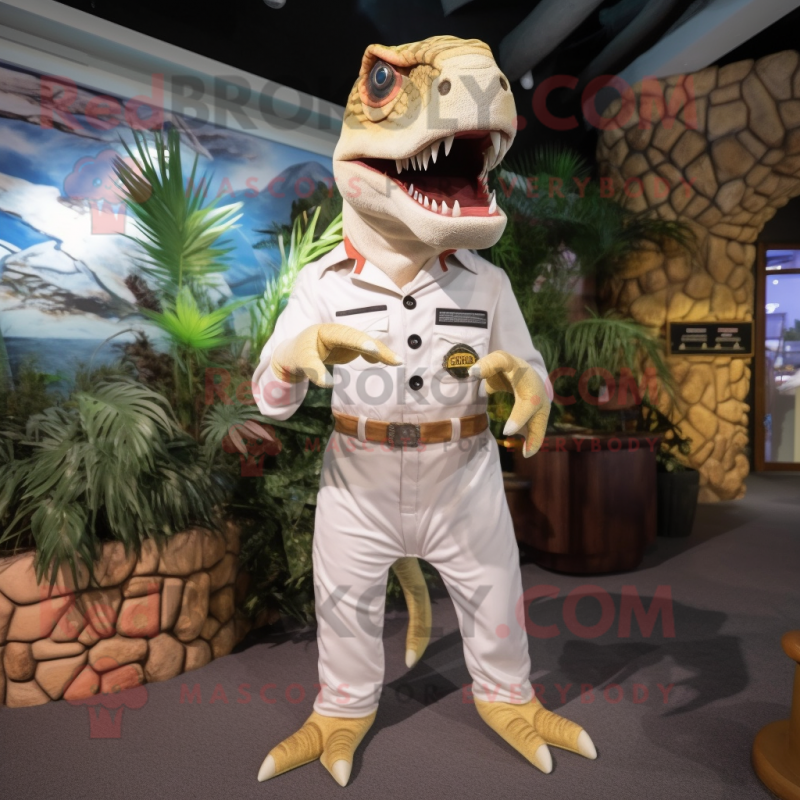 Cream Allosaurus mascot costume character dressed with a Playsuit and Belts Cream Allosaurus mascot costume character dressed with a Playsuit and Belts