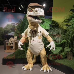 Cream Allosaurus mascot costume character dressed with a Playsuit and Belts